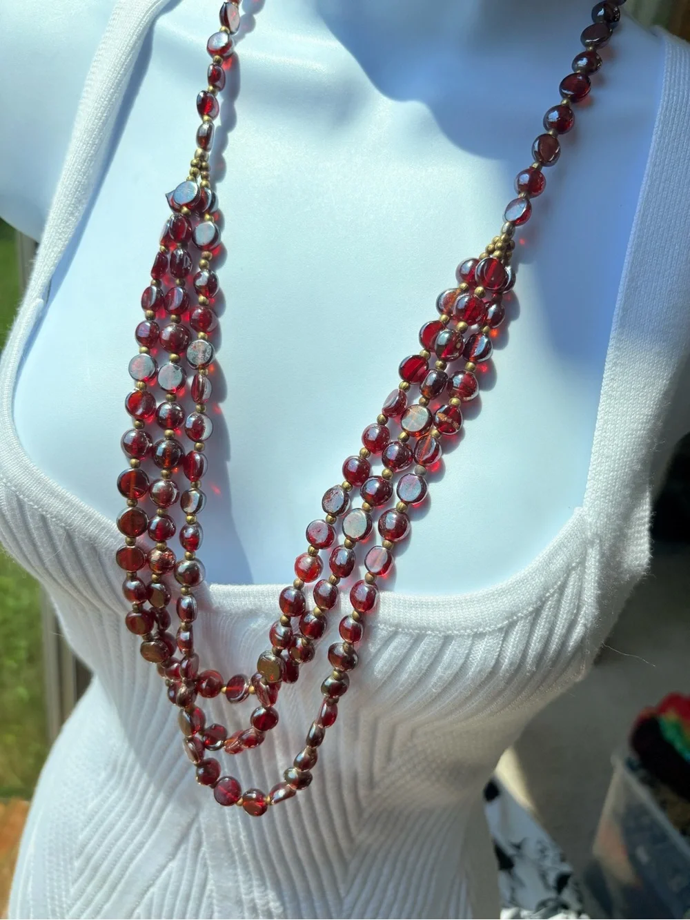 Italian Multi-Strand Red Murano Glass iridescent Bead Necklace Gold Accents 30”